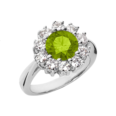 Peridot and Diamond Flower Halo Ring in 14K White Gold
