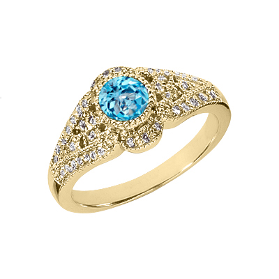 14K Yellow Gold Diamond and Blue Topaz Art Deco Design Ring