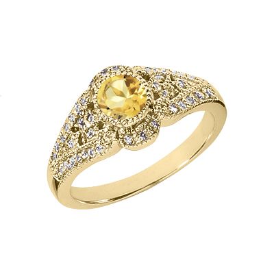 Art Deco Design Citrine and Diamond Ring, 14K Yellow Gold