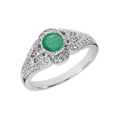 Art Deco Design Emerald and Diamond Ring, 14K White Gold