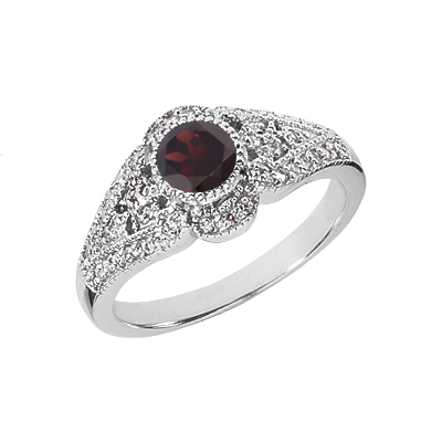 Art Deco Inspired Garnet and Diamond Ring, 14K White Gold