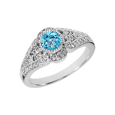 Blue Topaz and Diamond Art Deco Design Ring, 14K White Gold