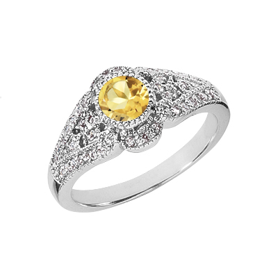 Citrine and Diamond Art Deco Inspired Ring, 14K White Gold