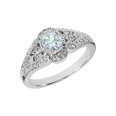 Diamond Art Deco Design Ring with Aquamarine Center Stone, 14K White Gold