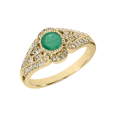 Diamond Art Deco Design Ring with Emerald Center Stone, 14K Yellow Gold