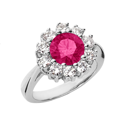 Pink Topaz Flower Diamond Halo Ring in 14K White Gold