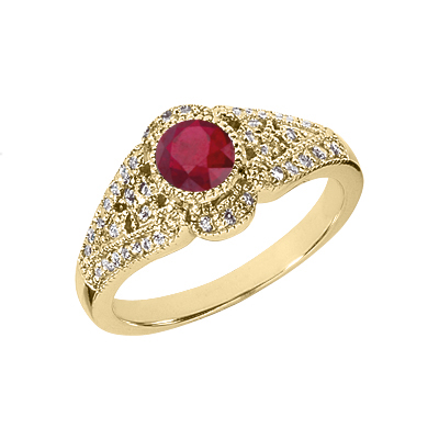 Ruby and Diamond Art Deco Inspired Ring, 14K Yellow Gold