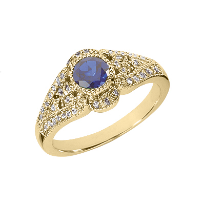Sapphire and Diamond Art Deco Design Ring, 14K Yellow Gold