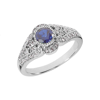 Vintage Inspired Sapphire and Diamond Ring, 14K White Gold