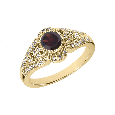 Vintage Inspired Garnet and Diamond Ring, 14K Yellow Gold