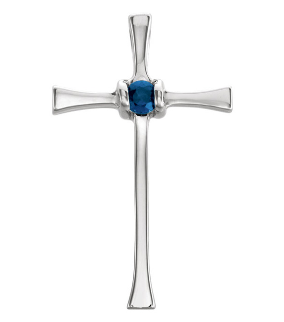 14K White Gold Blue Sapphire Cross Necklace with Hidden Bale