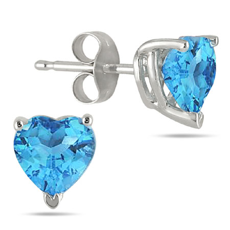 4mm Heart-Cut Blue Topaz Stud Earrings, 14K White Gold