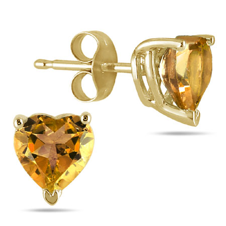 Genuine 6mm Heart-Shaped Citrine Stud Earrings, 14K Yellow Gold