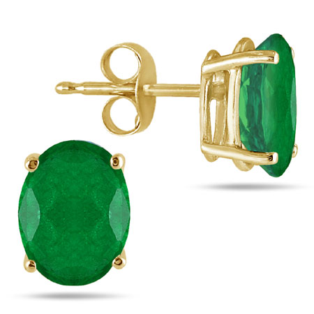 Genuine 6x4mm Oval Emerald Studs Set in 14K Yellow Gold