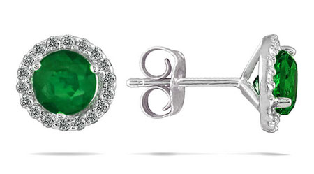 1 Carat Emerald and Diamond Halo Stud Earrings, 14K White Gold