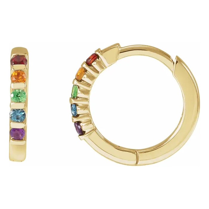 Multi-Colored Gemstone Rainbow Huggie Hoop Earrings 14K Gold