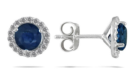 1 Carat Blue Sapphire and Diamond Halo Stud Earrings, 14K White Gold
