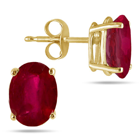 Real 6x4 mm Oval Ruby Stud Earrings in 14k Yellow Gold