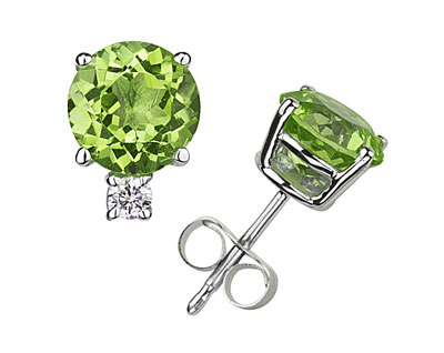 Real Peridot and Diamond Stud Earrings in 14K White Gold