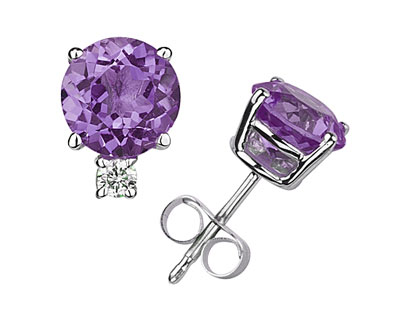 Round Amethyst and Diamond Stud Earrings, 14K White Gold