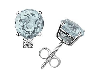 Traditional Round Aquamarine and Diamond Stud Earrings in 14K White Gold