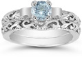 1 Carat Art Deco Aquamarine Bridal Ring Set, 14K White Gold