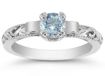 1/2 Carat Art Deco Aquamarine Engagement Ring, 14K White Gold 2