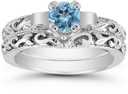1/2 Carat Art Deco Blue Topaz Bridal Ring Set, 14K White Gold