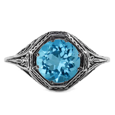 Art Deco Style Blue Topaz Ring in 14K White Gold