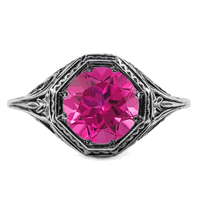 Art Deco Style Pink Topaz Ring in 14K White Gold