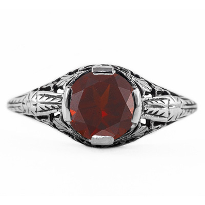 Floral Design Art Nouveau Inspired Garnet Ring in Sterling Silver