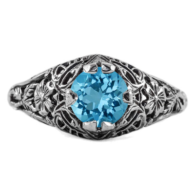 Floral Edwardian Style Blue Topaz Ring in 14K White Gold