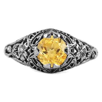 Floral Edwardian Style Citrine Ring in 14K White Gold