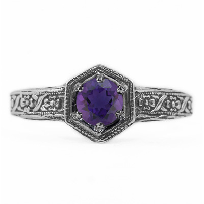Floral Ribbon Design Vintage Style Amethyst Ring in Sterling Silver
