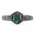 Floral Ribbon Design Vintage Style Emerald Ring in Sterling Silver