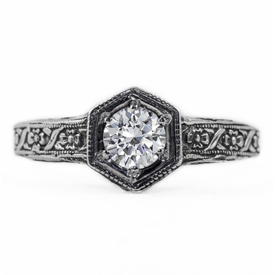 Floral Ribbon Design Vintage Style Diamond Engagement Ring in 14K White Gold