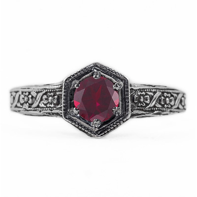 Floral Ribbon Design Vintage Style Ruby Ring in 14K White Gold
