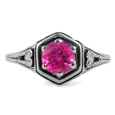 Heart Design Vintage Style Pink Topaz Ring in 14K White Gold