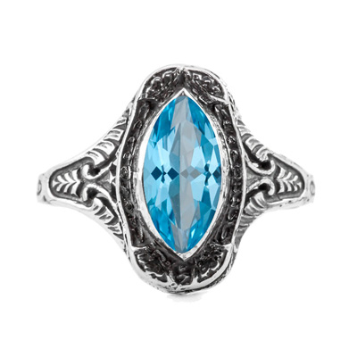 Marquise Cut Blue Topaz Art Deco Style Ring in 14K White Gold