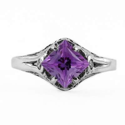 Art Deco Style Princess Cut Amethyst Ring in Sterling Silver