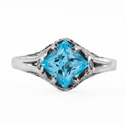 14K White Gold Princess Cut Blue Topaz Art Deco Style Ring