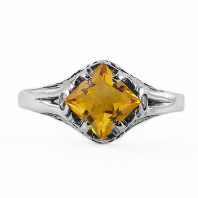 14K White Gold Princess Cut Citrine Art Deco Style Ring