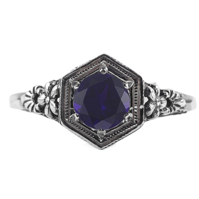 Vintage Floral Design Sapphire Ring in Sterling Silver