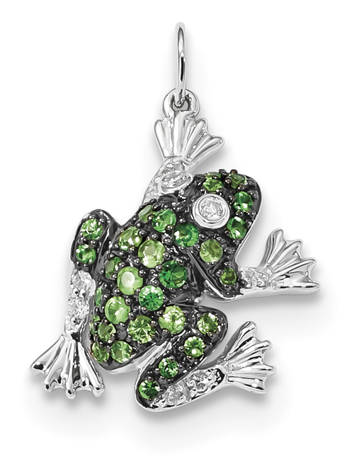 Green Tsavorite and Diamond Frog Pendant, 14K White Gold