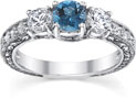 1 Carat Blue and White Three-Stone Diamond Engagement Ring, 14K White Gold
