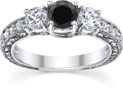 1 Carat Black and White Round-Cut Diamond Floret Engagement Ring, 14K White Gold