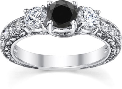 1 Carat Black and White Round-Cut Diamond Floret Engagement Ring, 14K White Gold