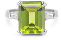 Emerald-Cut 5 Carat Peridot and Baguette Diamond Ring in 14K White Gold