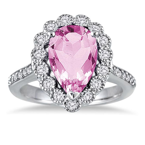 5 Carat Pear Pink Topaz Diamond Halo Ring, 14K White Gold