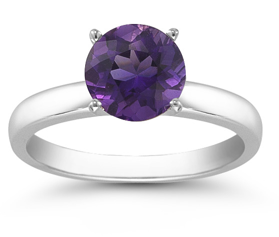 Amethyst Gemstone Solitaire Ring in 14K White Gold